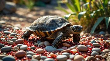 Turtle Walking on Colorful Rocks in Natural Habitat Setting photo