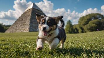 Puppy Running on Grass with Pyramid in Background photo