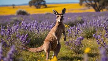 Kangaroo Standing in Flower Field Looking at Camera photo