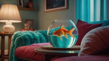 Goldfish Swimming in Bowl on Table Indoor Setting photo