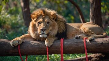 Majestic Lion Relaxing on Log in Nature photo