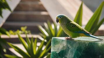 Green Parrot Perched on Stone with Plants Background photo