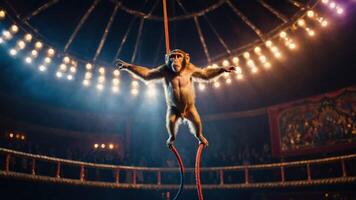 Monkey Balancing on Rope in Indoor Show photo