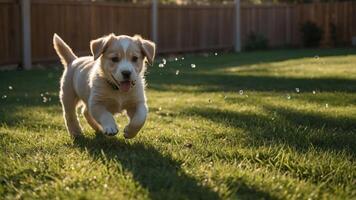 Puppy Running in the Grass on a Sunny Day photo