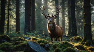 Stag Standing in Forest at Dawn with Sunlight photo