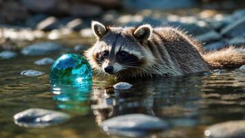 Raccoon Investigating Blue Orb in Shallow Stream Water photo