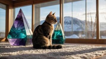 Cat Sitting Near Window and Geometric Shapes photo