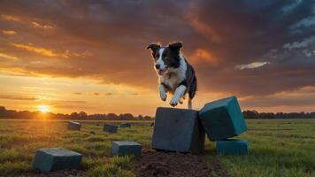 Dog Jumping on Blocks at Sunset in Open Field photo