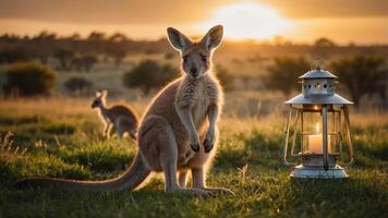 Kangaroo in Field at Sunset with Glowing Lantern photo