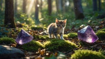 Cute Kitten Walking in Forest with Gemstones photo