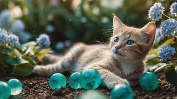 Resting Kitten with Decorative Spheres in Garden Setting photo