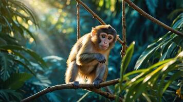 Monkey Sitting on Branch in Lush Jungle Setting photo