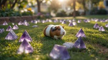 Guinea Pig Sitting Among Crystal Pyramids on Grass photo