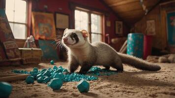 Ferret Walking on Sand with Blue Geometric Shapes photo