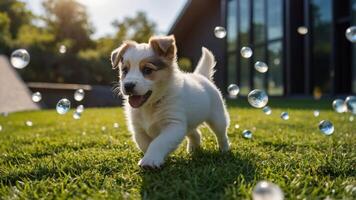 Puppy Running on Grass with Bubbles in Sunlight photo