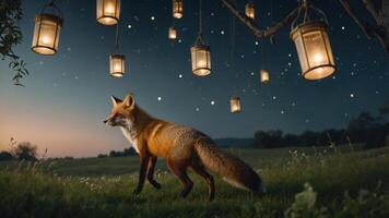 Fox Walking Through Field with Glowing Lanterns at Dusk Scenery photo