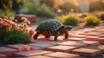 Turtle Walking on Brick Path in Garden at Sunset photo