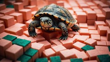 Turtle Walking on Abstract Block Pattern with Interesting Color Palette photo