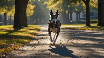 Dog Running Fast on Pathway with Autumn Trees photo