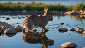Rabbit Walking Through Water with Reflection in Natural Environment photo