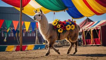 Llama Walking at Fair with Flowers and Colorful Tent Setting photo