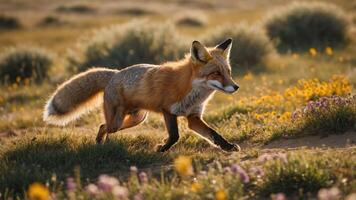 Fox Running Through Wildflower Meadow in Golden Sunlight of Late Afternoon photo