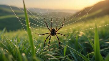 Spider Web with Dew in Grassy Field at Sunrise photo