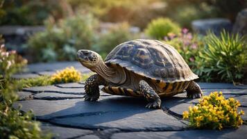 Turtle Walking on Stone Path in Garden Setting photo