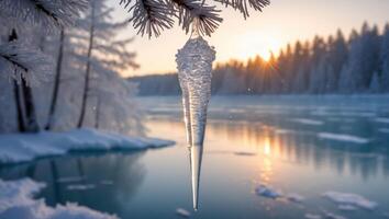 Icicle Hanging From Branch Over Frozen Lake at Sunrise photo