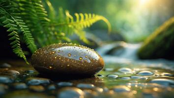 Wet Stone by Stream with Fern and Sunlight photo