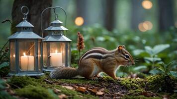 Chipmunk in Forest with Candle Lanterns Exploring Nature photo