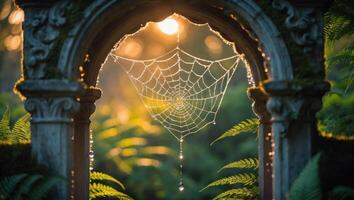 Sparkling Web with Dewdrops in Forest Archway photo
