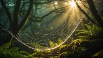 Spiderweb in Forest with Ferns and Sunlight Streaming Through photo