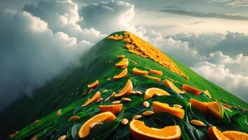 Green Mountain with Orange Slices and Cloudy Sky photo