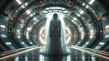 Figure Draped Standing in Illuminated Space Tunnel photo