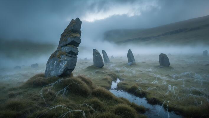 Standing Stones Amidst Misty Meadow with Stream and Overcast Sky