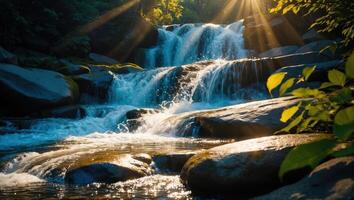 Cascading Waterfall Flowing Over Rocks with Sunlight Streaming Through Forest photo