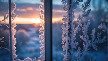 Frost on Window at Sunset Winter Landscape photo