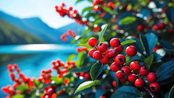 Red Berries on Bush with Lake and Mountain Backdrop photo
