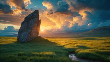 Rock Formation in Grassy Field at Colorful Sunset photo