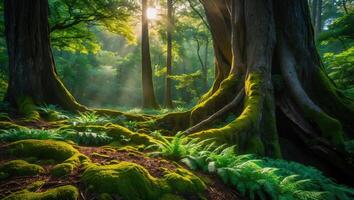 Walking Through a Lush Green Forest with Sunlight photo