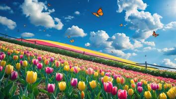 Tulip Field with Butterflies and Cloudy Sky photo