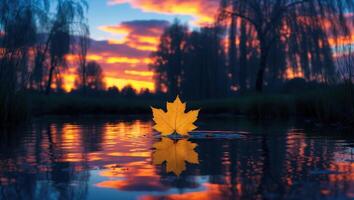 Floating Leaf Reflects Sunset Over Calm Pond in Autumn photo