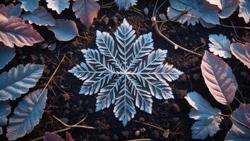 Leaf Arrangement Forming Snowflake Pattern on Ground photo