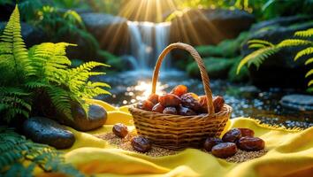 Dates in Wicker Basket Picnic Near Waterfall Ferns and Rocks photo