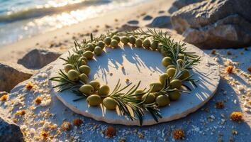 Olive and Rosemary Wreath on Stone Slab at Beach During Sunset photo