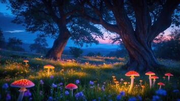 Glowing Mushrooms in a Field at Twilight photo