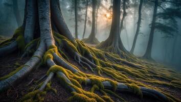Foggy Forest with Mossy Tree Roots at Sunrise photo