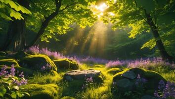 Sunlit Forest Clearing with Purple Flowers and Mossy Rocks photo