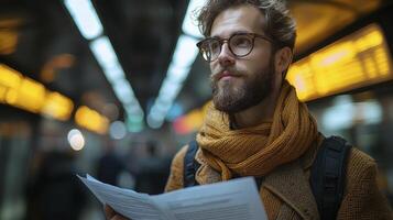 A man with glasses and a scarf is standing in a subway station photo